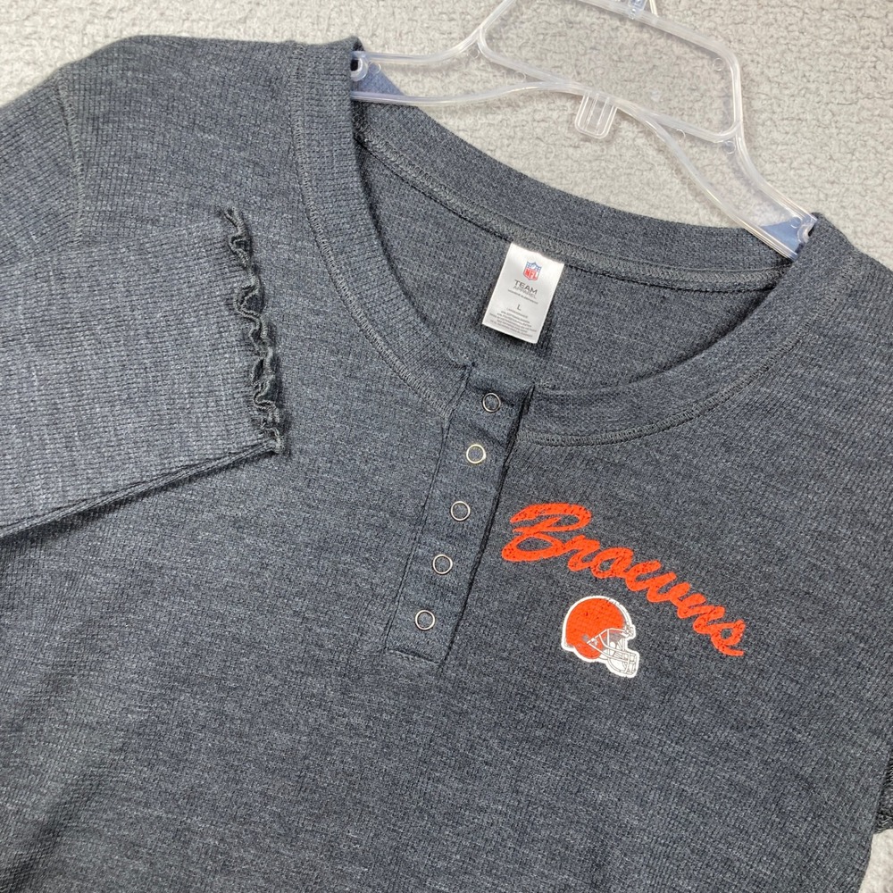 Cleveland Browns Henley Top Womens Large Grey Waffle Knit Thermal Lettuce Hem